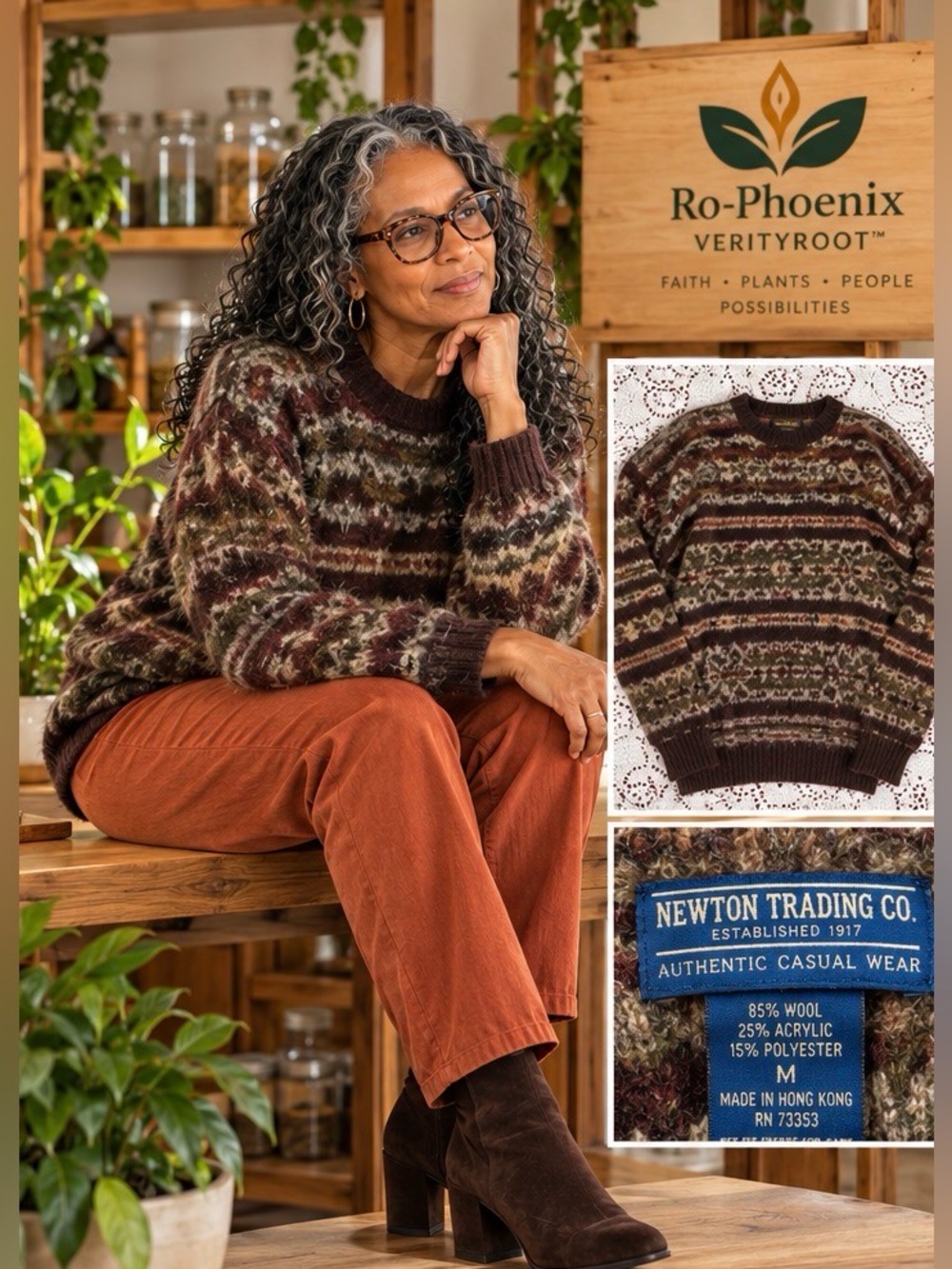 Newton Trading Co. Men's Cozy Patterned Crewneck Sweater - Brown